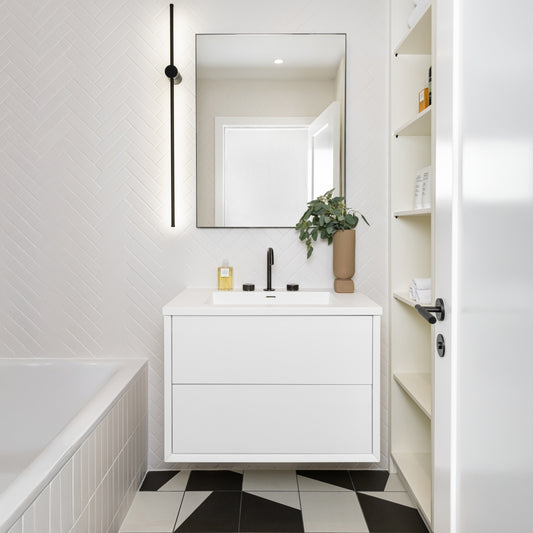 White modern vanity unit in bright white bathroom