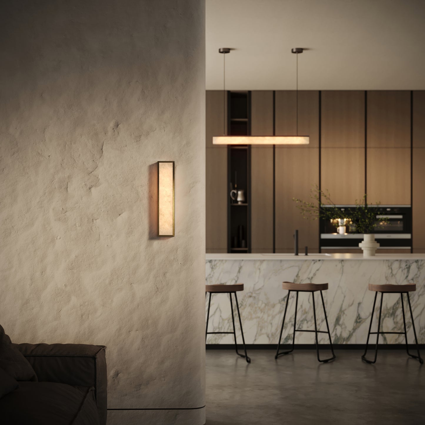Luceva Alabaster IP44 LED Wall Sconce Light Burnished Brass 450mm