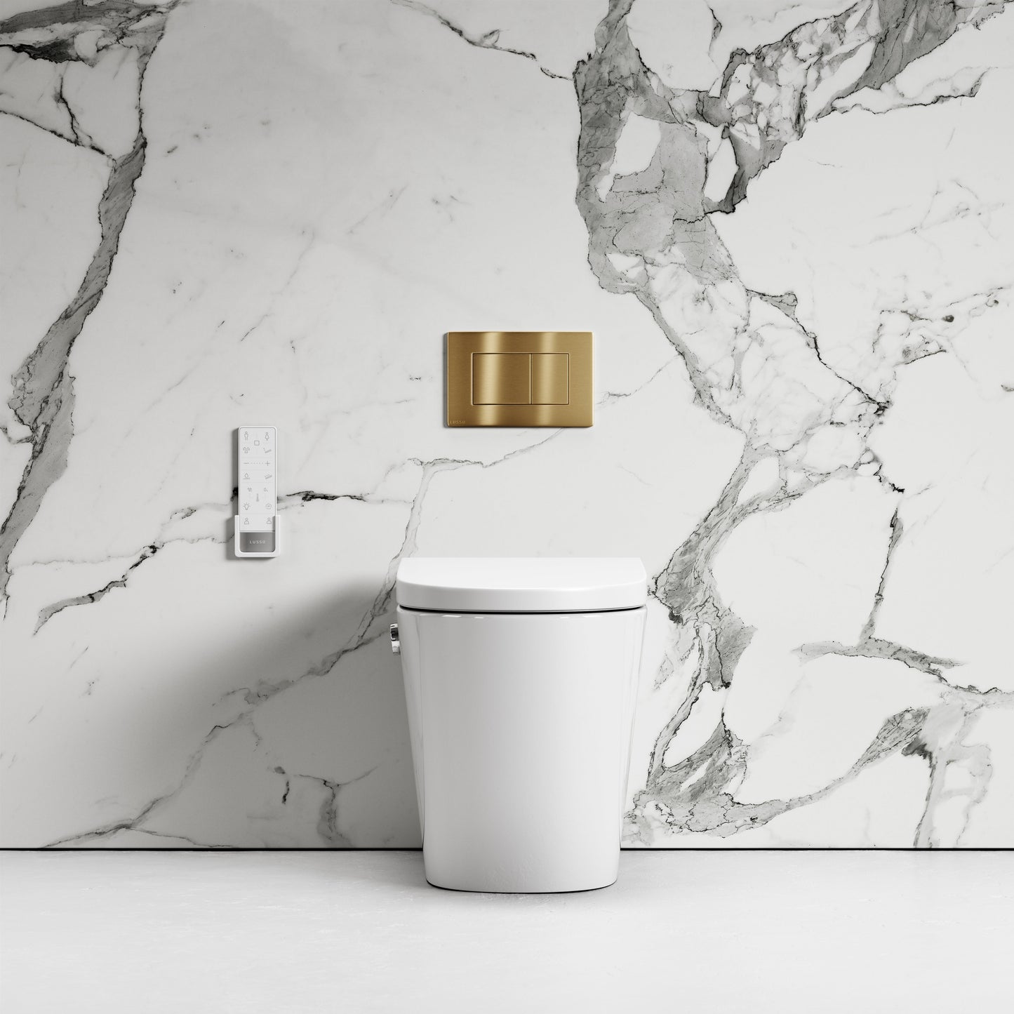 Intellismart Back To Wall Rimless Bidet Toilet with Concealed Cistern and Brushed Gold Flush Plate