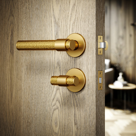 Chester Brushed Gold Hammered Bathroom WC Handle & Round Thumbturn Set