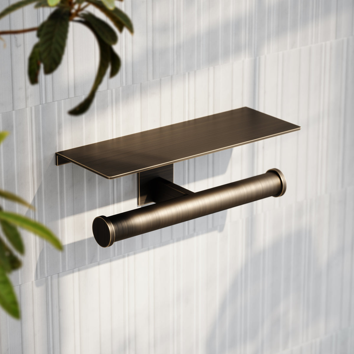 Deka Brushed Bronze Double Toilet Roll Holder with Shelf