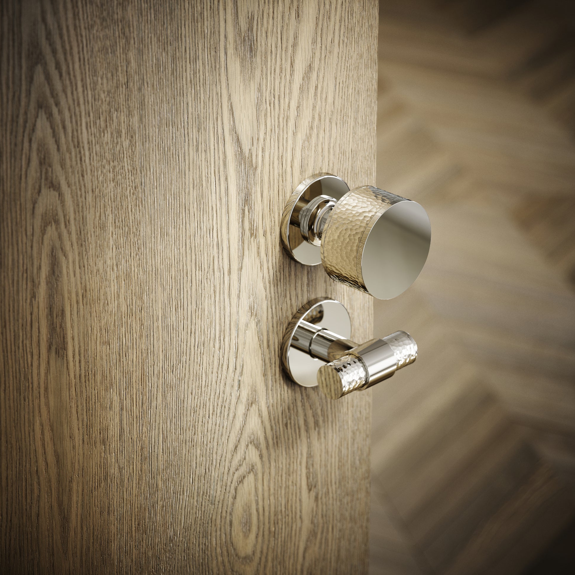 Grosvenor Polished Nickel Hammered Bathroom WC Knob & Round Thumbturn Set