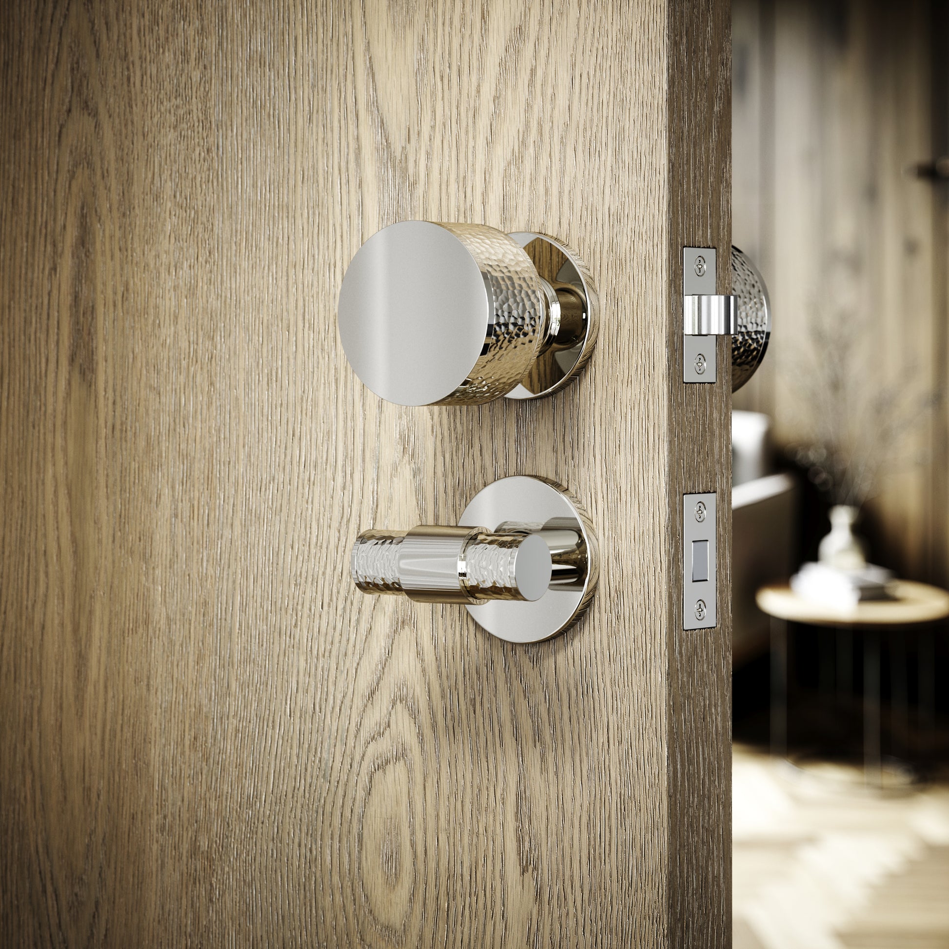 Grosvenor Polished Nickel Hammered Bathroom WC Knob & Round Thumbturn Set