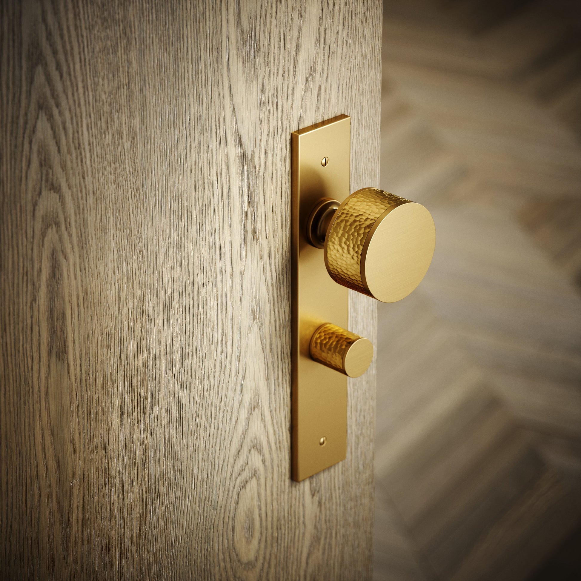 Grosvenor Brushed Gold Hammered Bathroom WC Knob & Plate Thumbturn Set