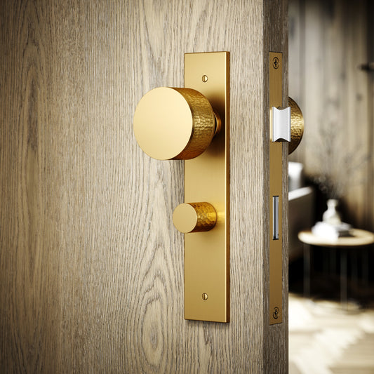 Grosvenor Brushed Gold Hammered Bathroom WC Knob & Plate Thumbturn Set