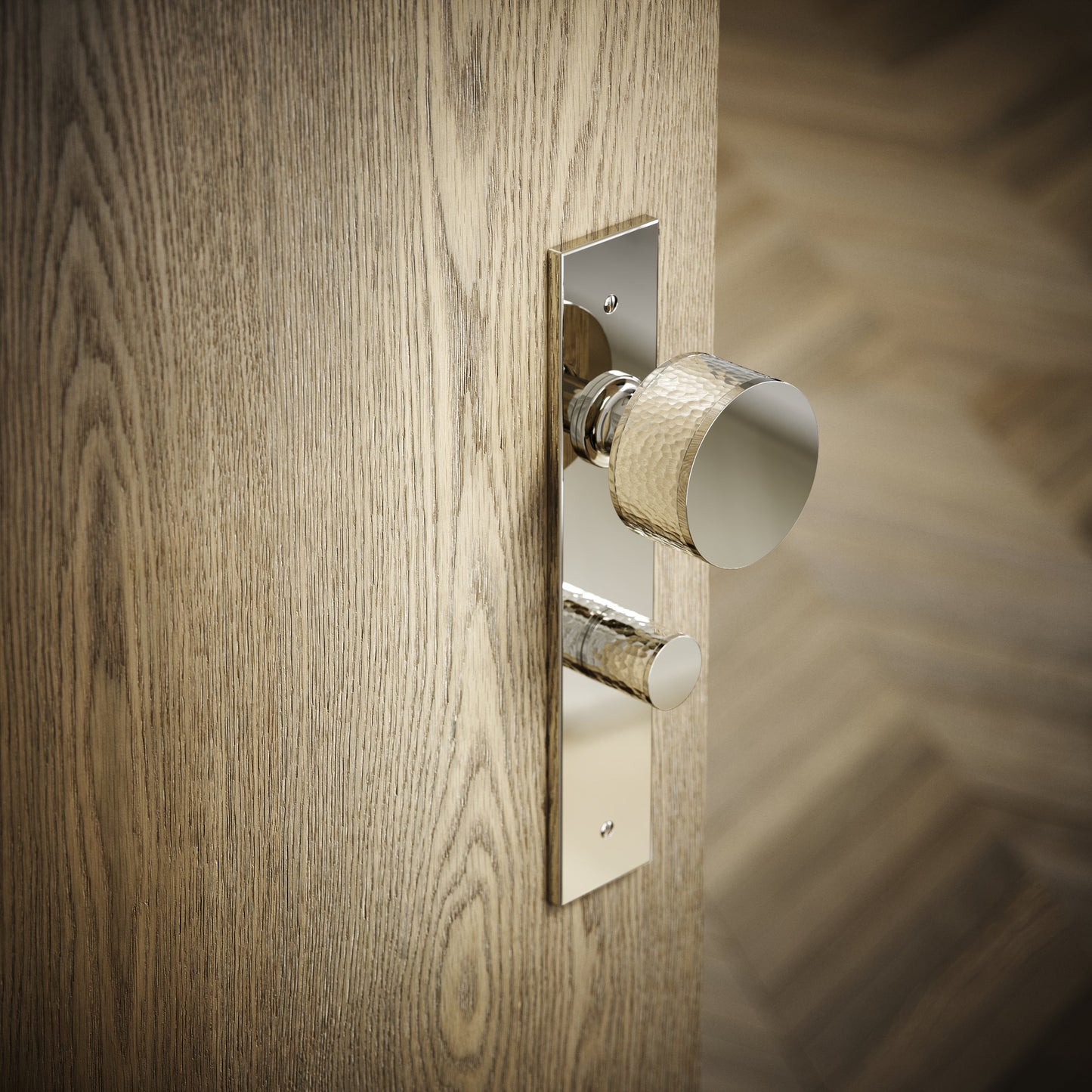 Grosvenor Polished Nickel Hammered Bathroom WC Knob & Plate Thumbturn Set