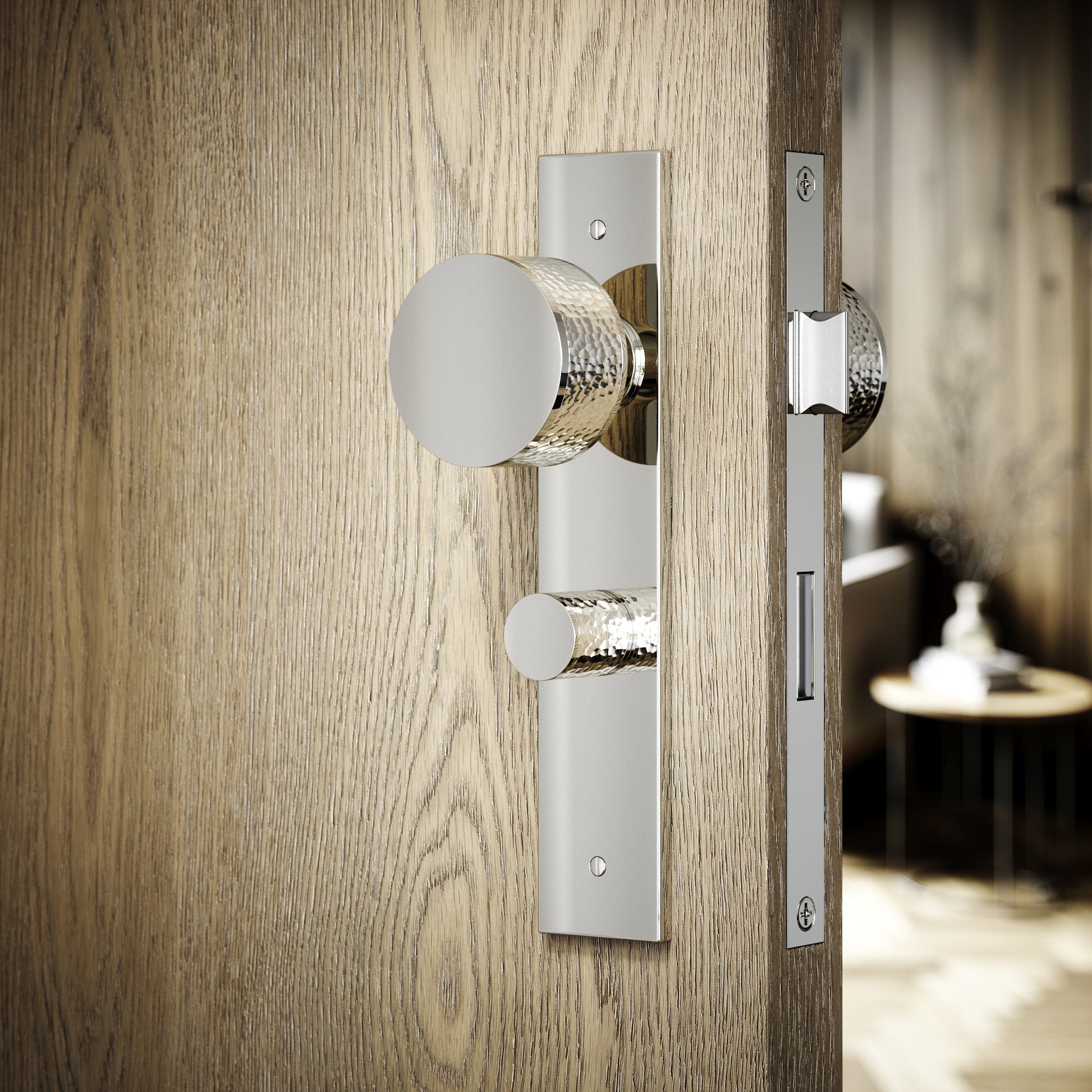 Grosvenor Polished Nickel Hammered Bathroom WC Knob & Plate Thumbturn Set