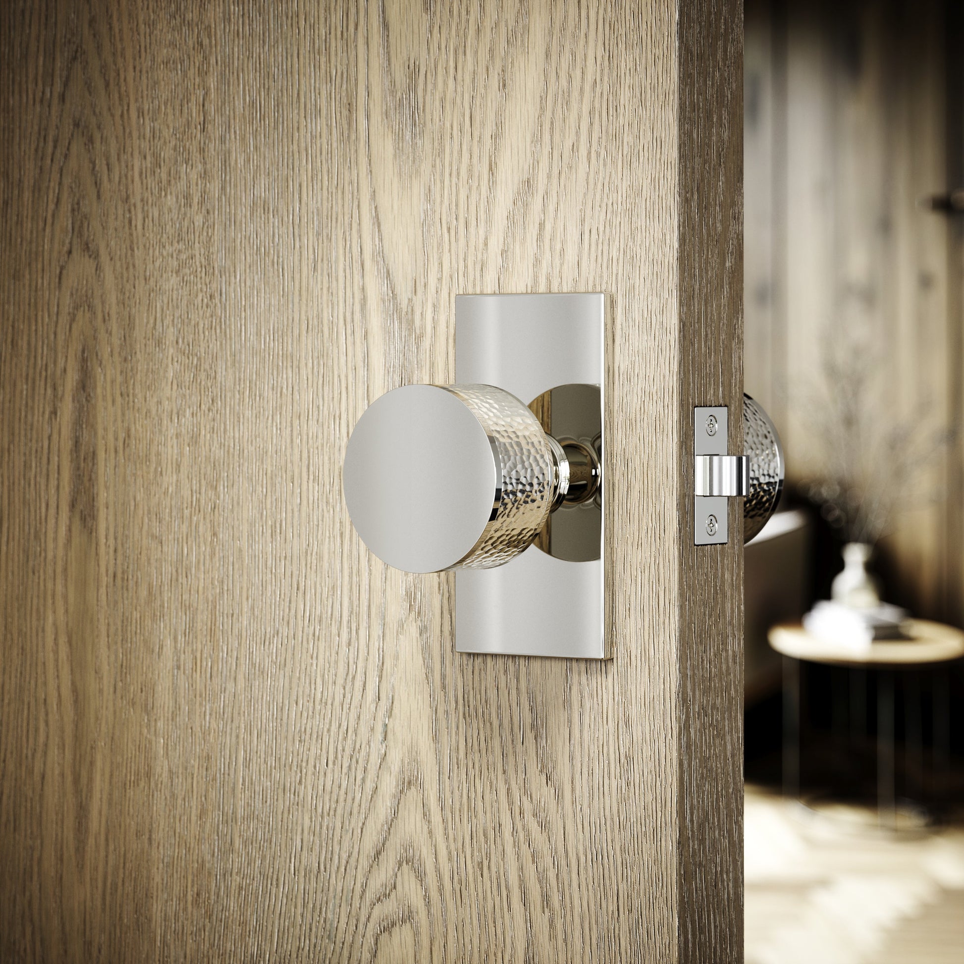 Grosvenor Plate Polished Nickel Hammered Mortice Door Knobs