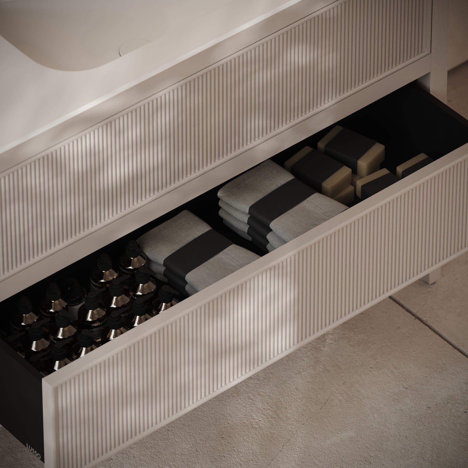 Hampton Velvet Beige Floorstanding Vanity Unit with Matte White Basin 1200mm