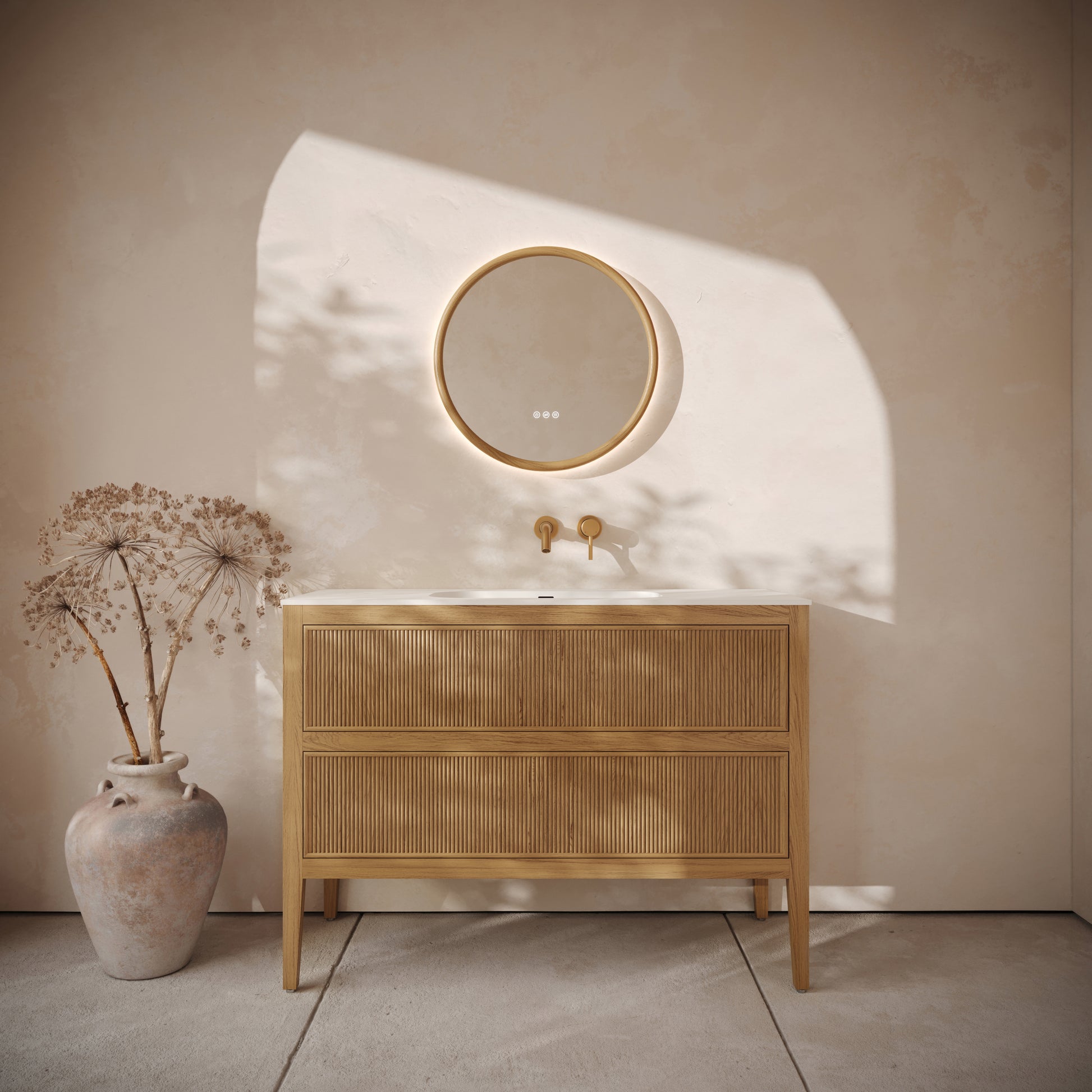 Hampton Natural Oak Floorstanding Vanity Unit with Matte White Basin 1200mm