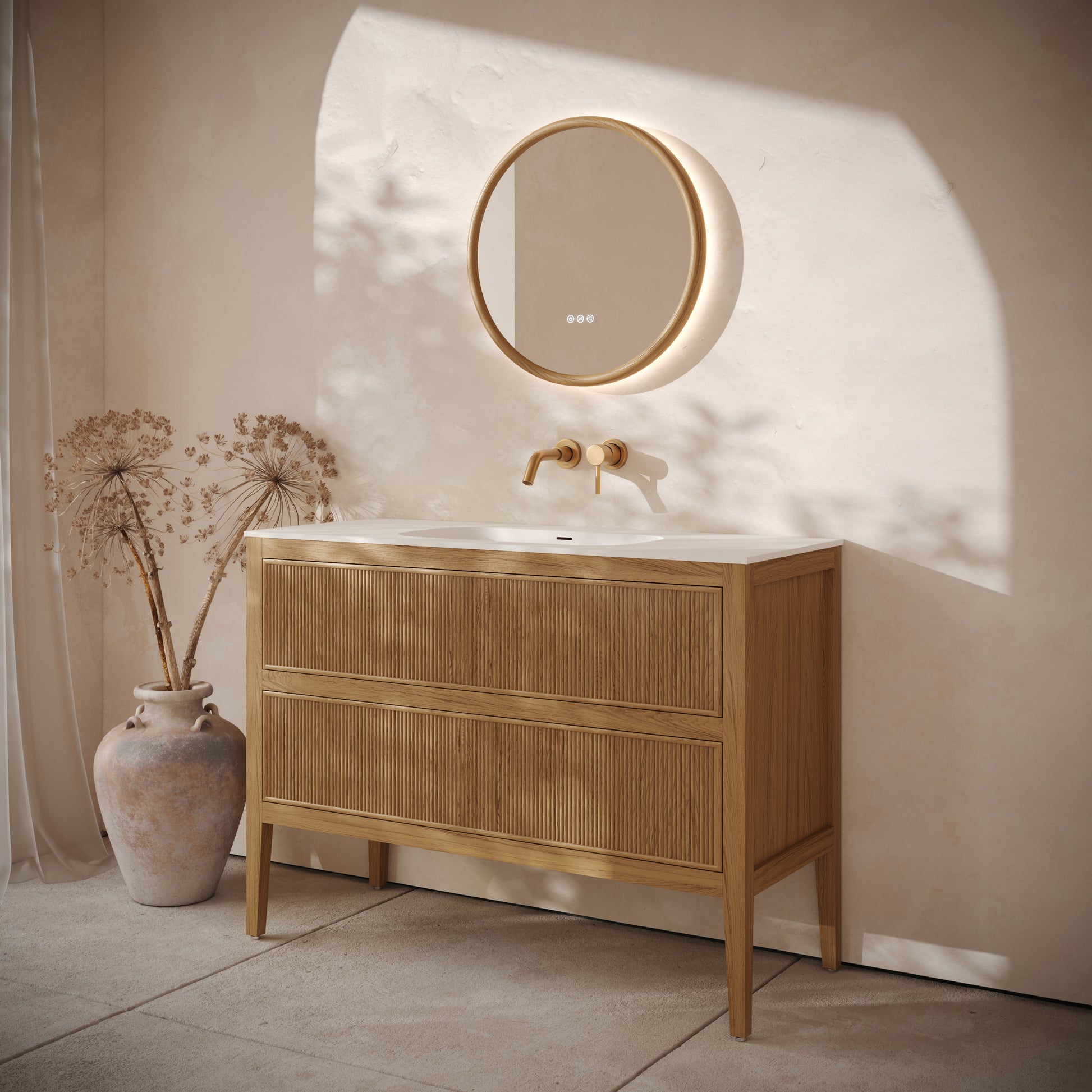 Hampton Natural Oak Floorstanding Vanity Unit with Matte White Basin 1200mm