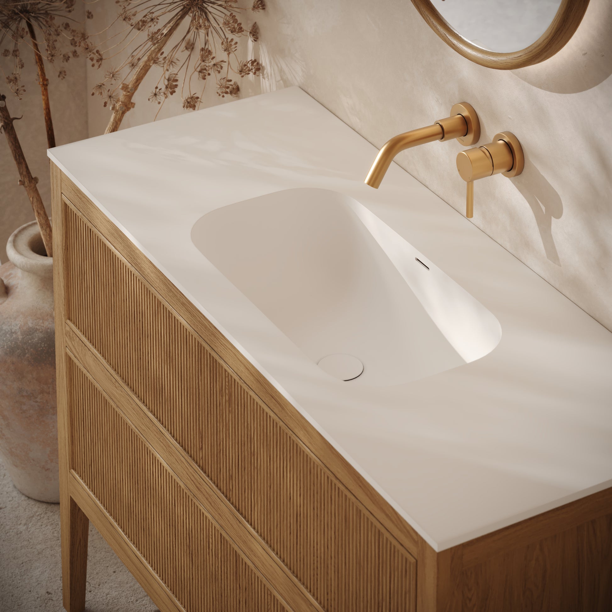 Hampton Natural Oak Floorstanding Vanity Unit with Matte White Basin 1200mm