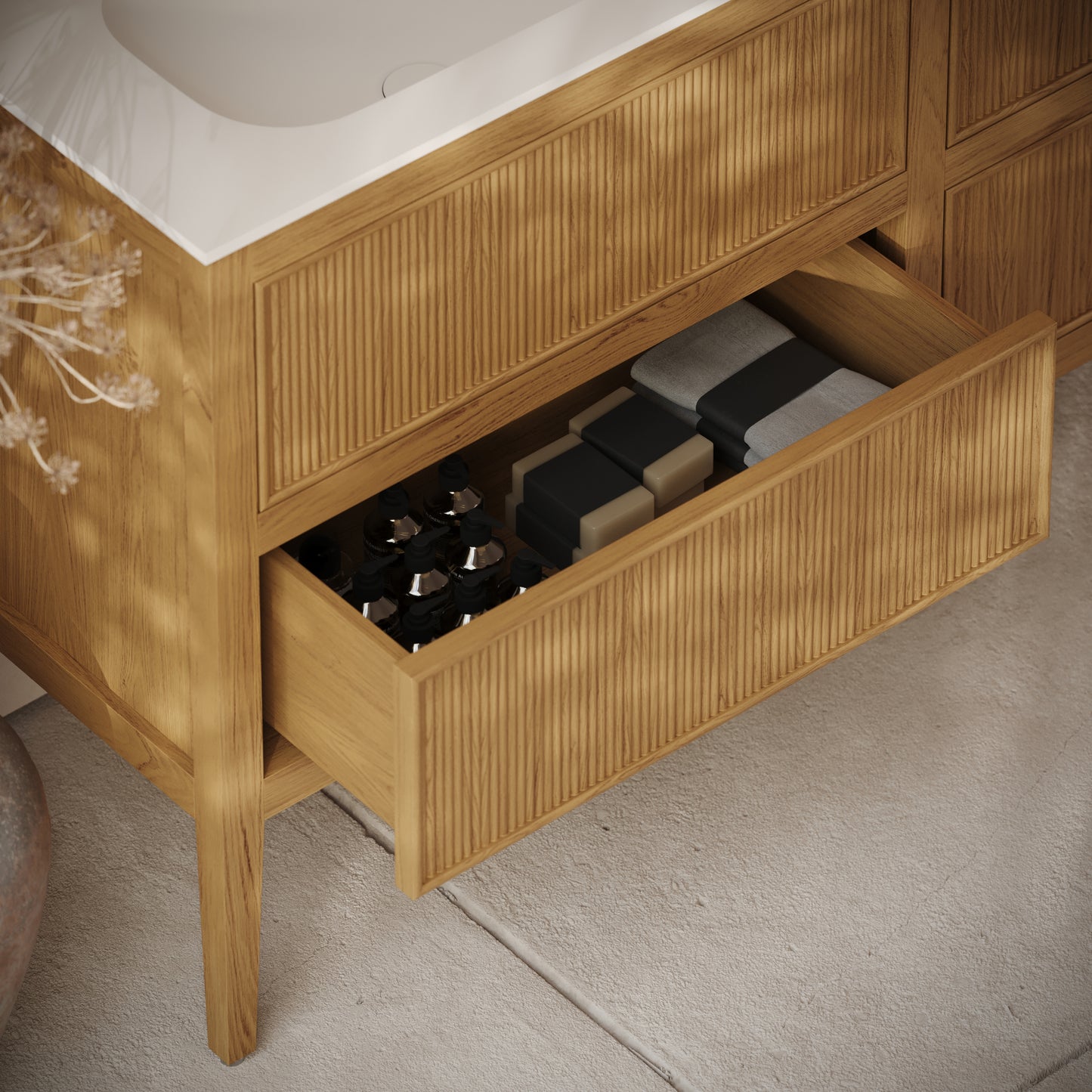 Hampton Natural Oak Floorstanding Double Vanity Unit with Matte White Basin 1600mm