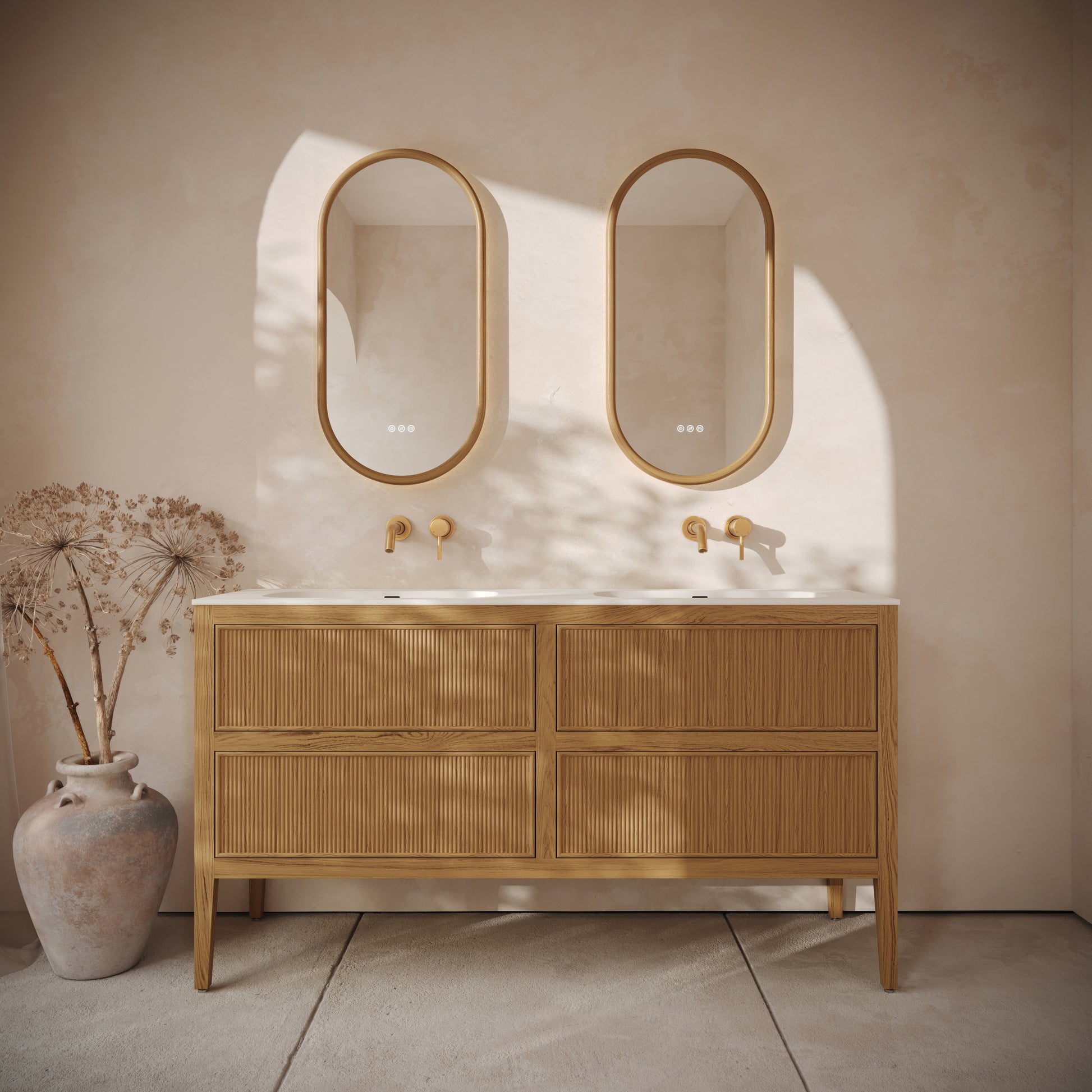 Hampton Natural Oak Floorstanding Double Vanity Unit with Matte White Basin 1600mm
