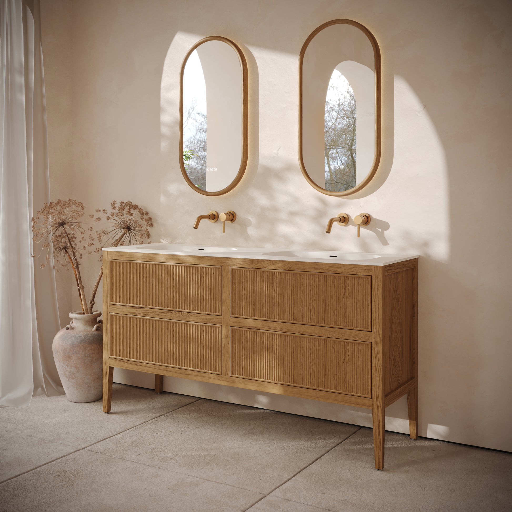 Hampton Natural Oak Floorstanding Double Vanity Unit with Matte White Basin 1600mm
