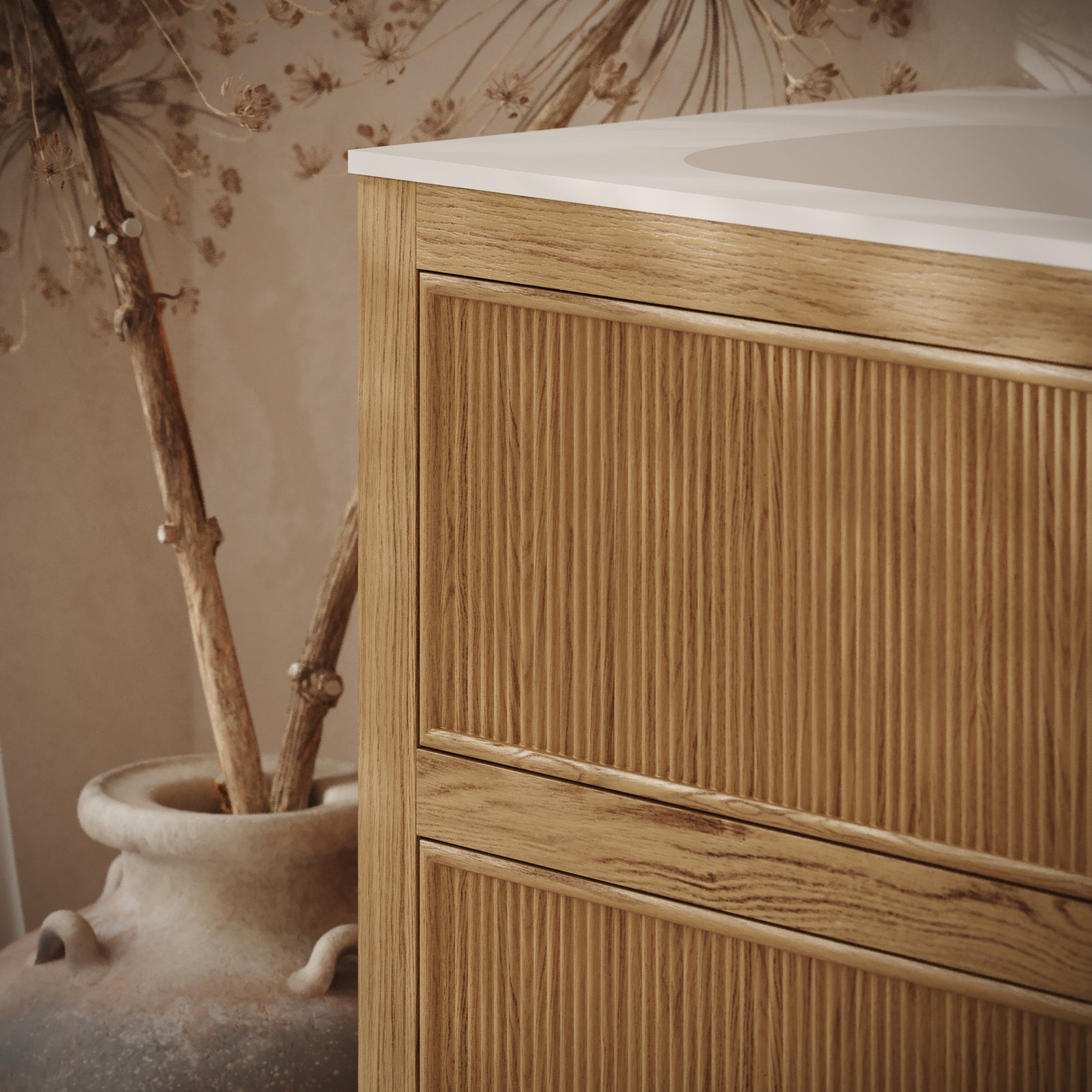 Hampton Natural Oak Floorstanding Double Vanity Unit with Matte White Basin 1600mm