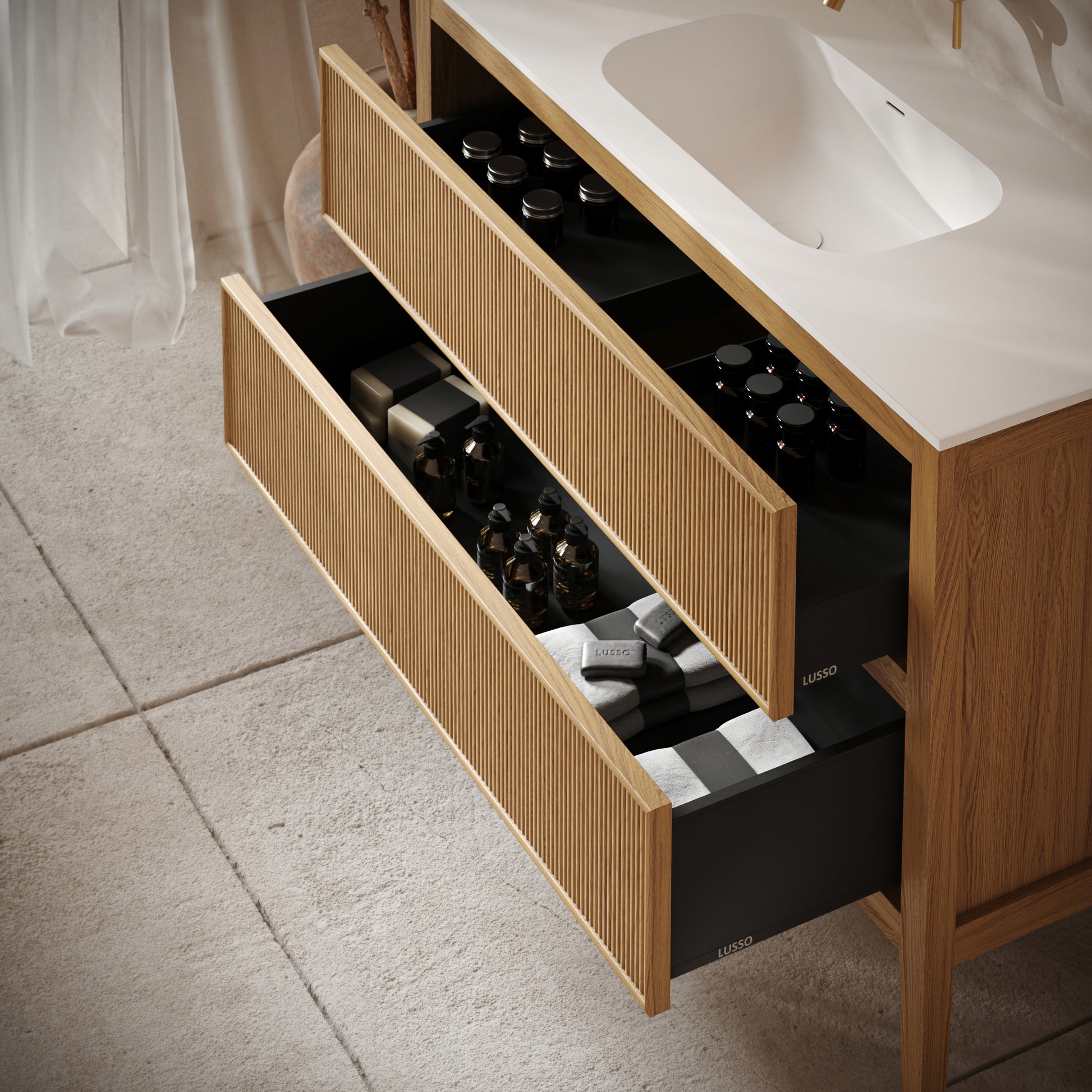 Hampton Natural Oak Floorstanding Vanity Unit with Matte White Basin 1200mm