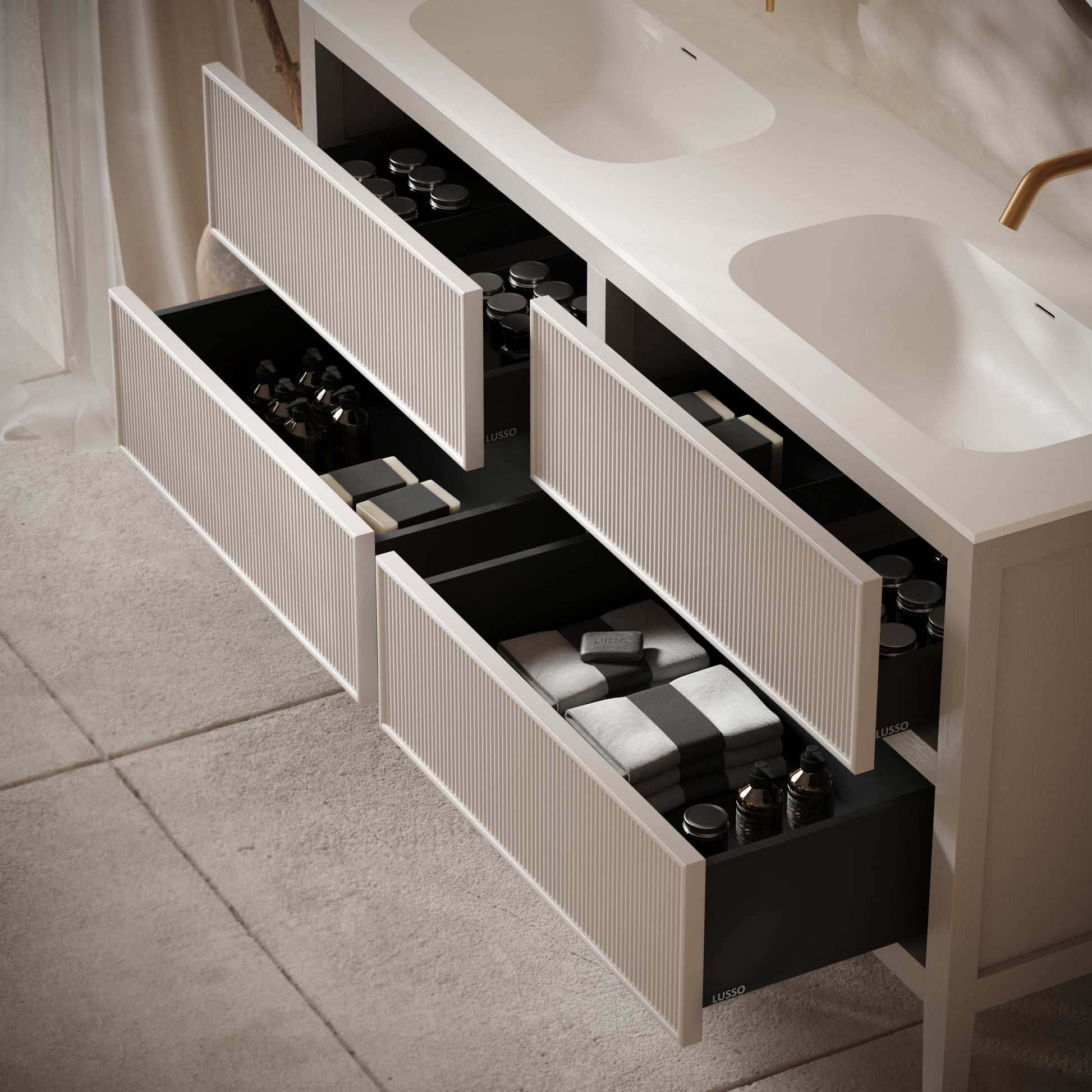 Hampton Velvet Beige Floorstanding Double Vanity Unit with Matte White Basin 1600mm