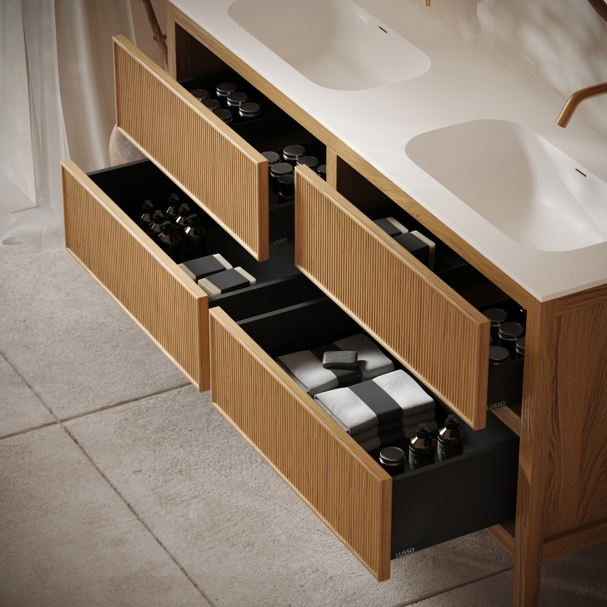 Hampton Natural Oak Floorstanding Double Vanity Unit with Matte White Basin 1600mm