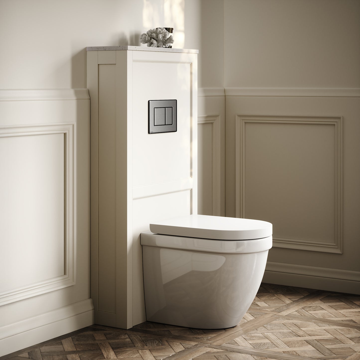 Berkeley Traditional Back to Wall Rimless Toilet with Concealed Cistern, Matte Cream Claridge Housing and Gunmetal Flush Plate