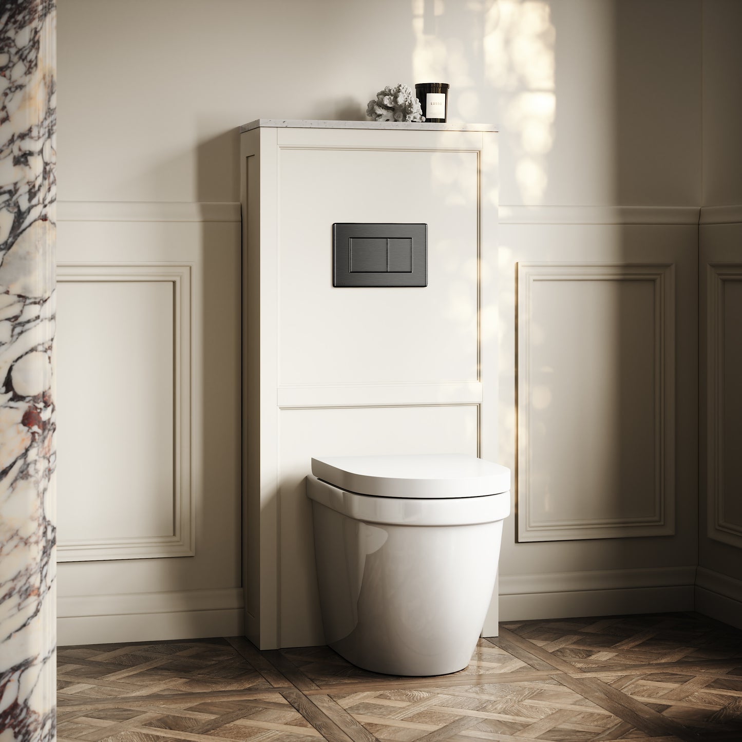 Berkeley Traditional Back to Wall Rimless Toilet with Concealed Cistern, Matte Cream Claridge Housing and Gunmetal Flush Plate