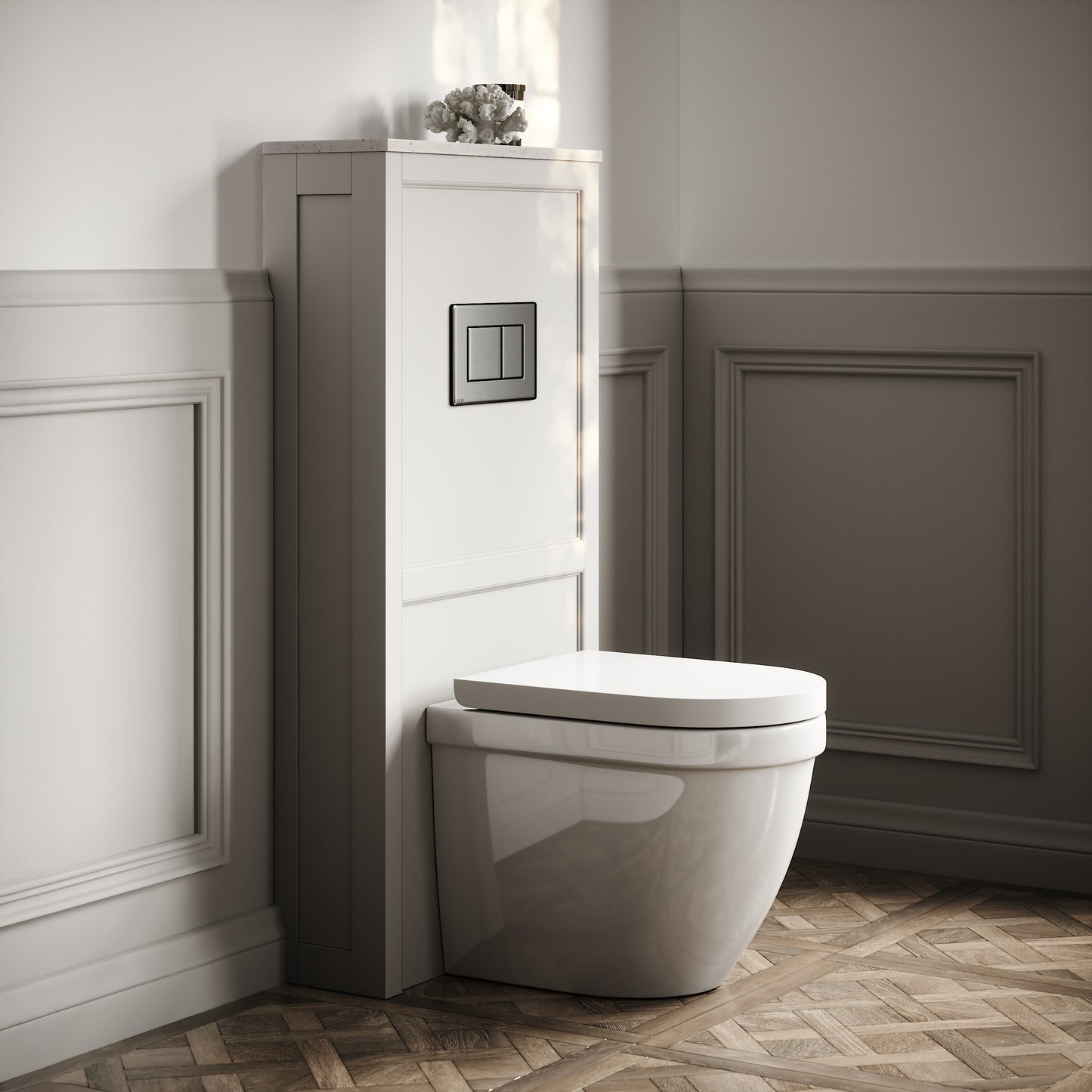 Berkeley Traditional Back to Wall Rimless Toilet with Concealed Cistern, Matte Stone Claridge Housing and Gunmetal Flush Plate