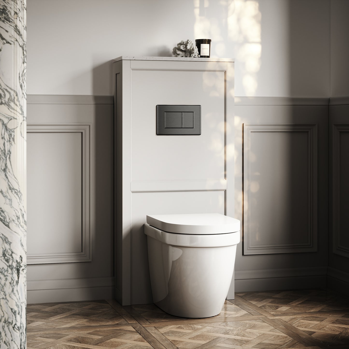 Berkeley Traditional Back to Wall Rimless Toilet with Concealed Cistern, Matte Stone Claridge Housing and Gunmetal Flush Plate