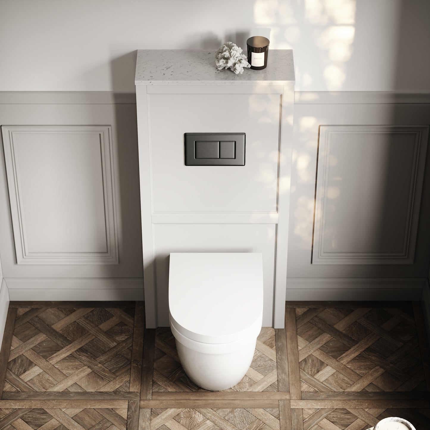 Berkeley Traditional Back to Wall Rimless Toilet with Concealed Cistern, Matte Stone Claridge Housing and Gunmetal Flush Plate