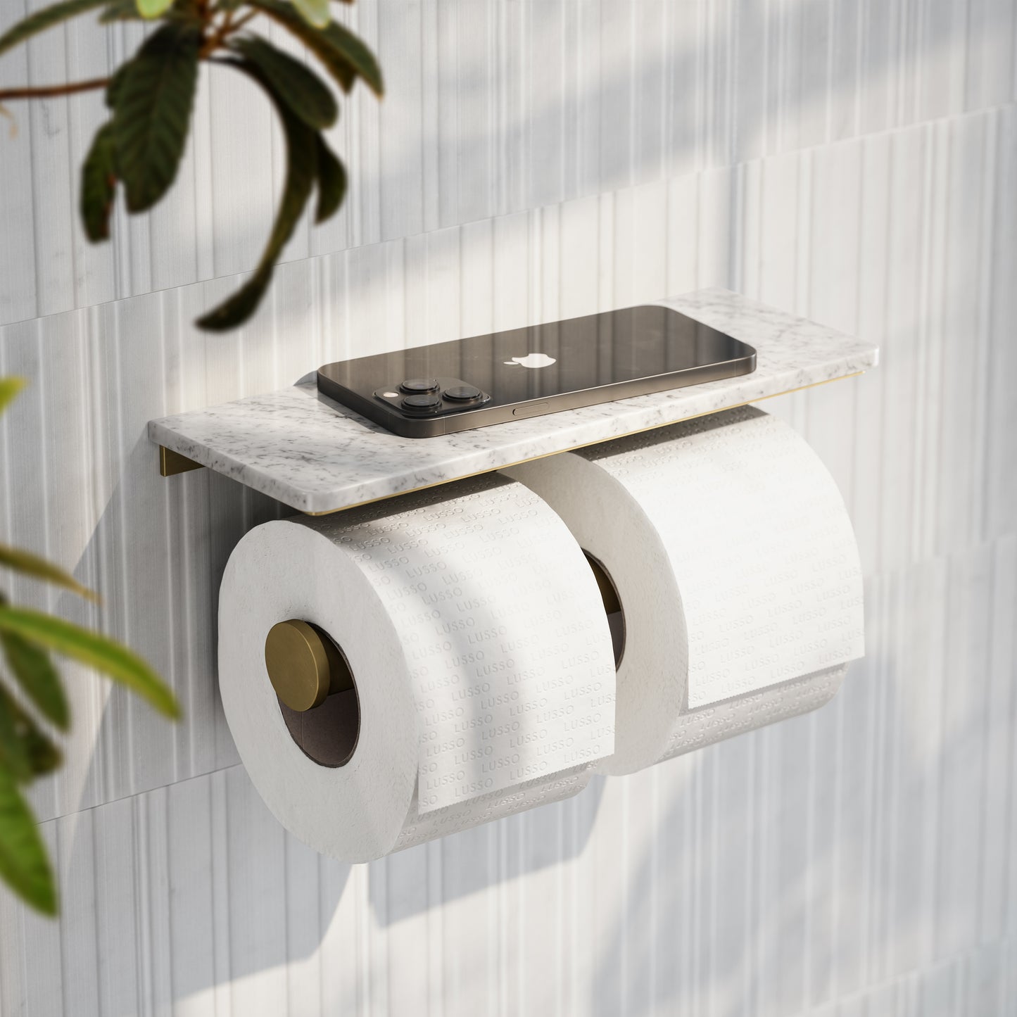 Deka Brushed Gold Double Toilet Roll Holder with Carrara Marble Shelf