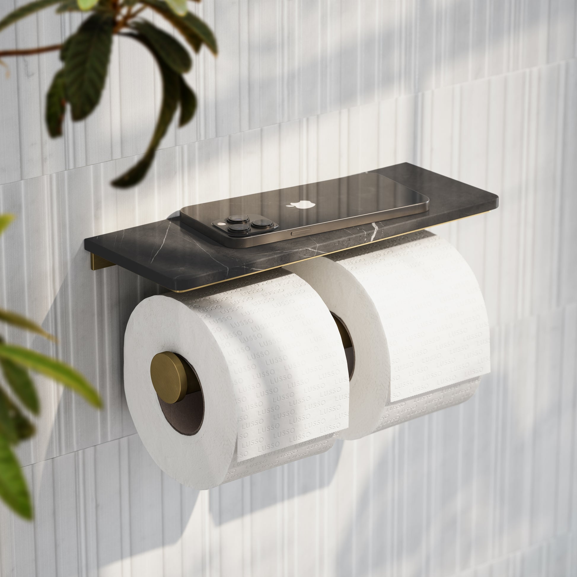 Deka Brushed Gold Double Toilet Roll Holder with Pietra Grey Marble Shelf