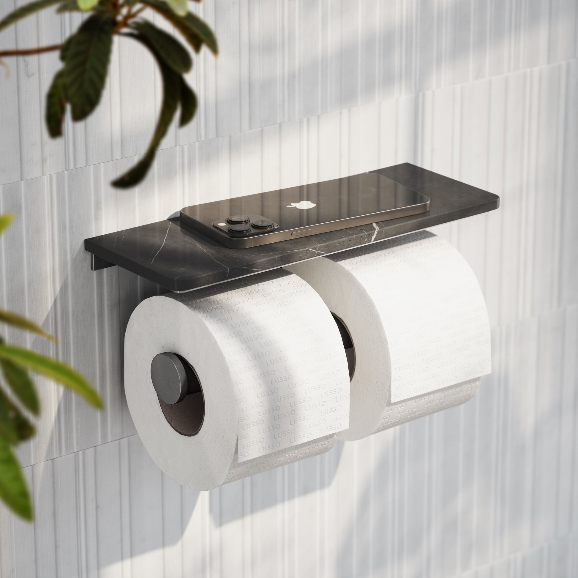 Deka Brushed Stainless Double Toilet Roll Holder with Pietra Grey Marble Shelf