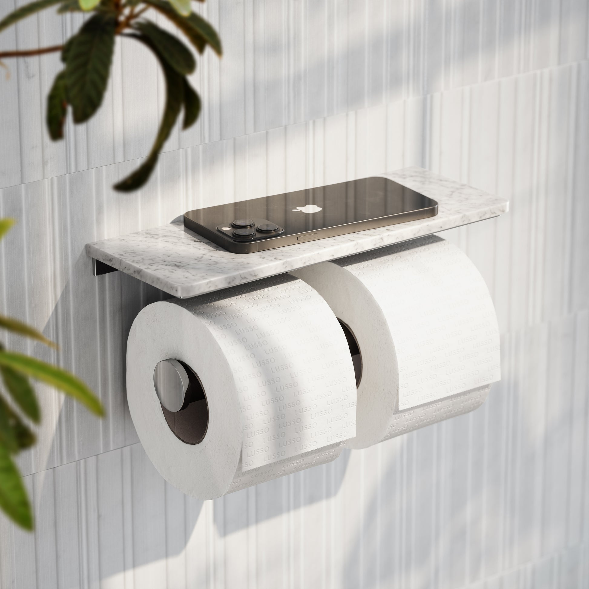 Deka Chrome Double Toilet Roll Holder with Carrara Marble Shelf