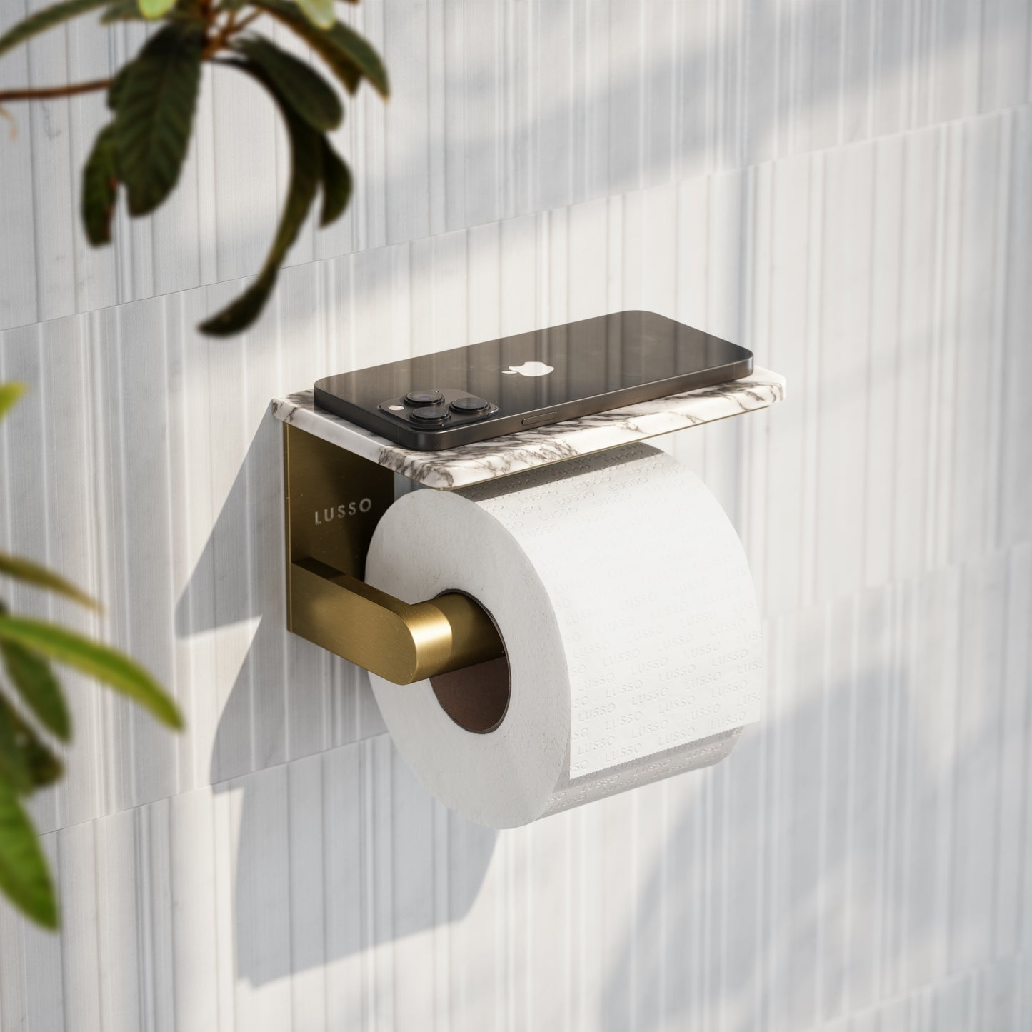 Deka Brushed Gold Toilet Roll Holder with Arabescato Marble Shelf
