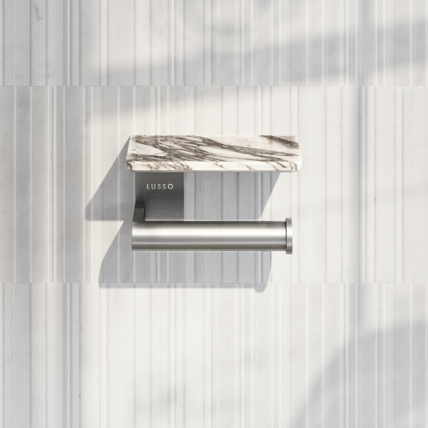 Deka Brushed Stainless Toilet Roll Holder with Arabescato Marble Shelf