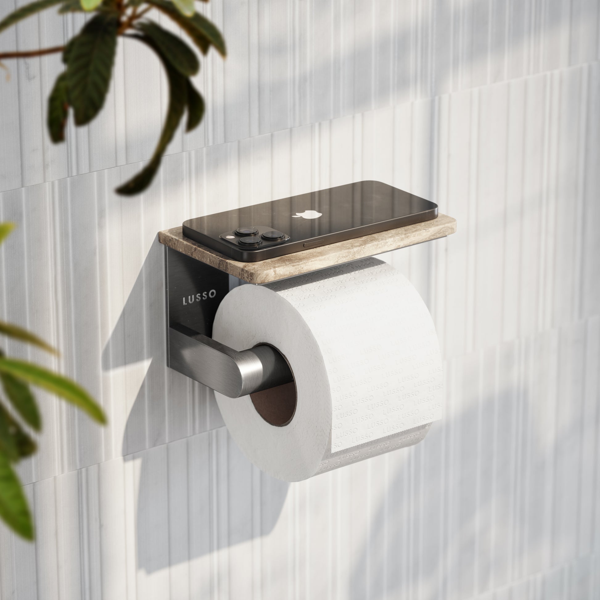 Deka Brushed Stainless Toilet Roll Holder with Travertine Stone Shelf