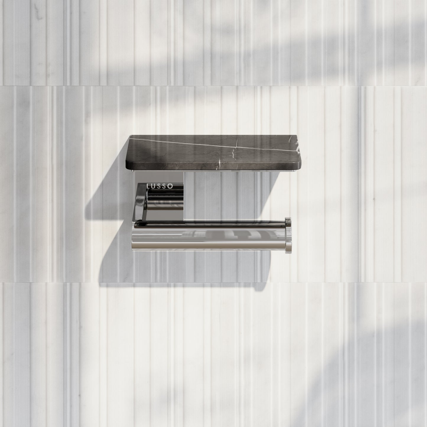 Deka Chrome Toilet Roll Holder with Pietra Grey Marble Shelf
