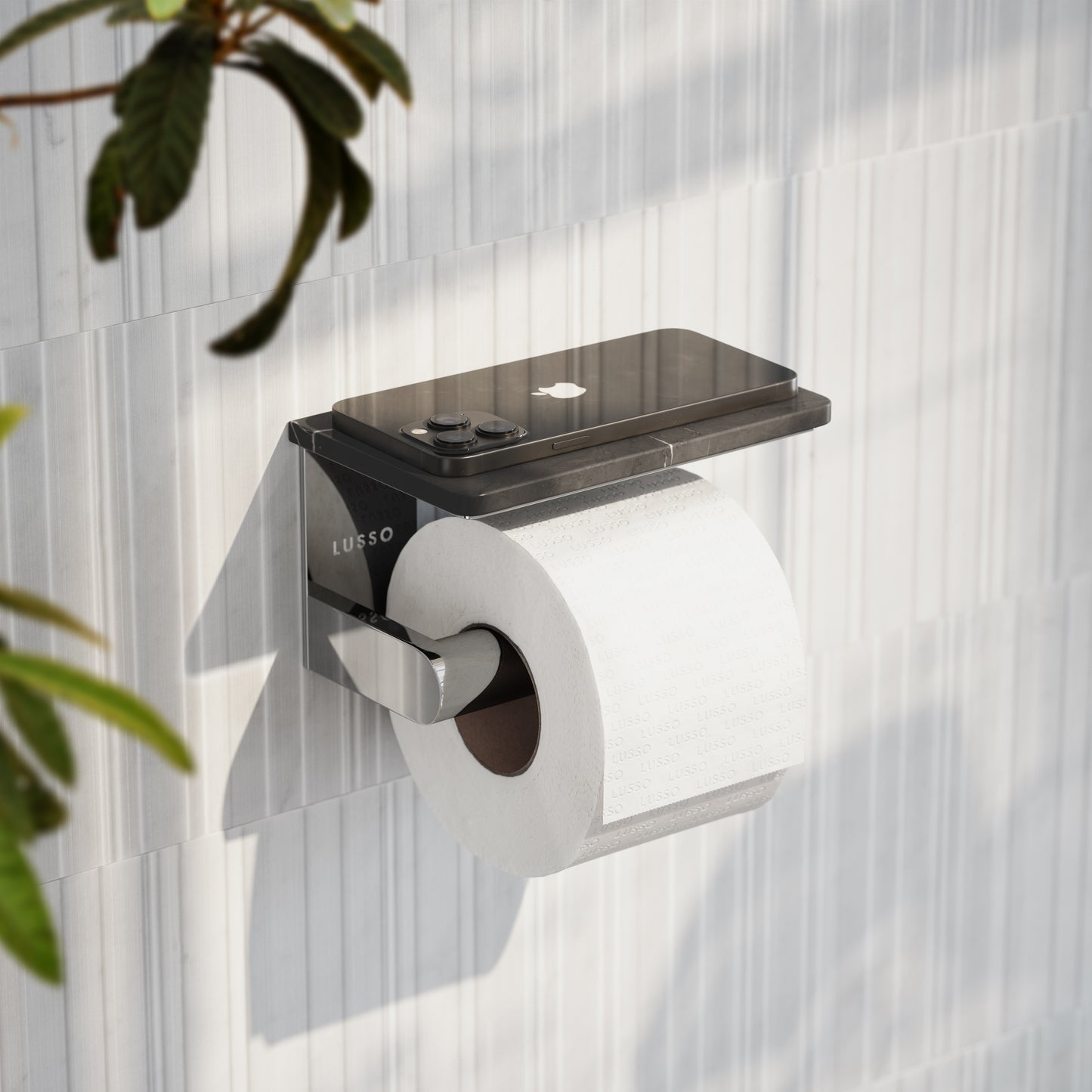 Deka Chrome Toilet Roll Holder with Pietra Grey Marble Shelf