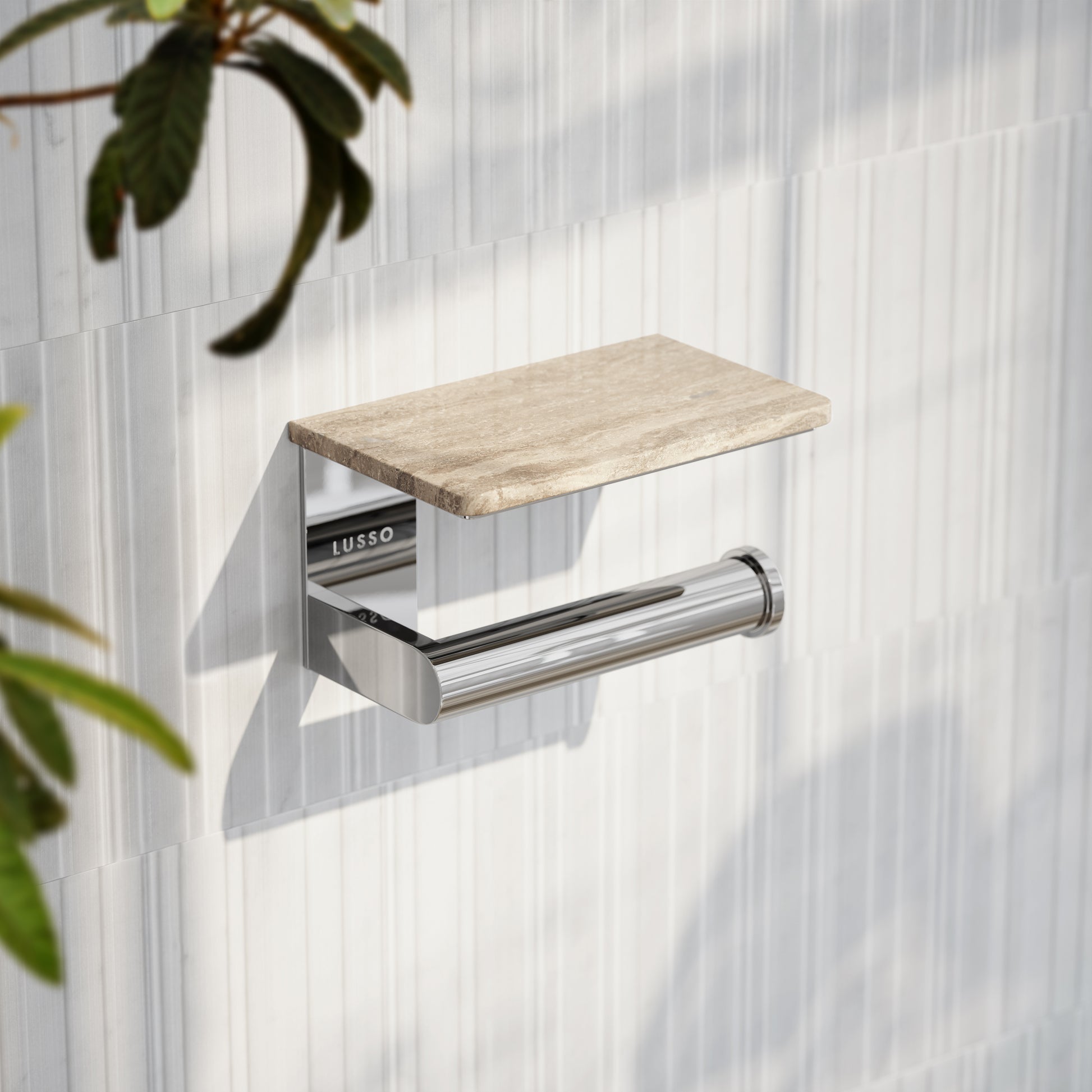 Deka Chrome Toilet Roll Holder with Travertine Stone Shelf