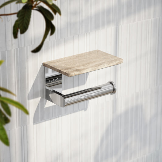 Deka Chrome Toilet Roll Holder with Travertine Stone Shelf