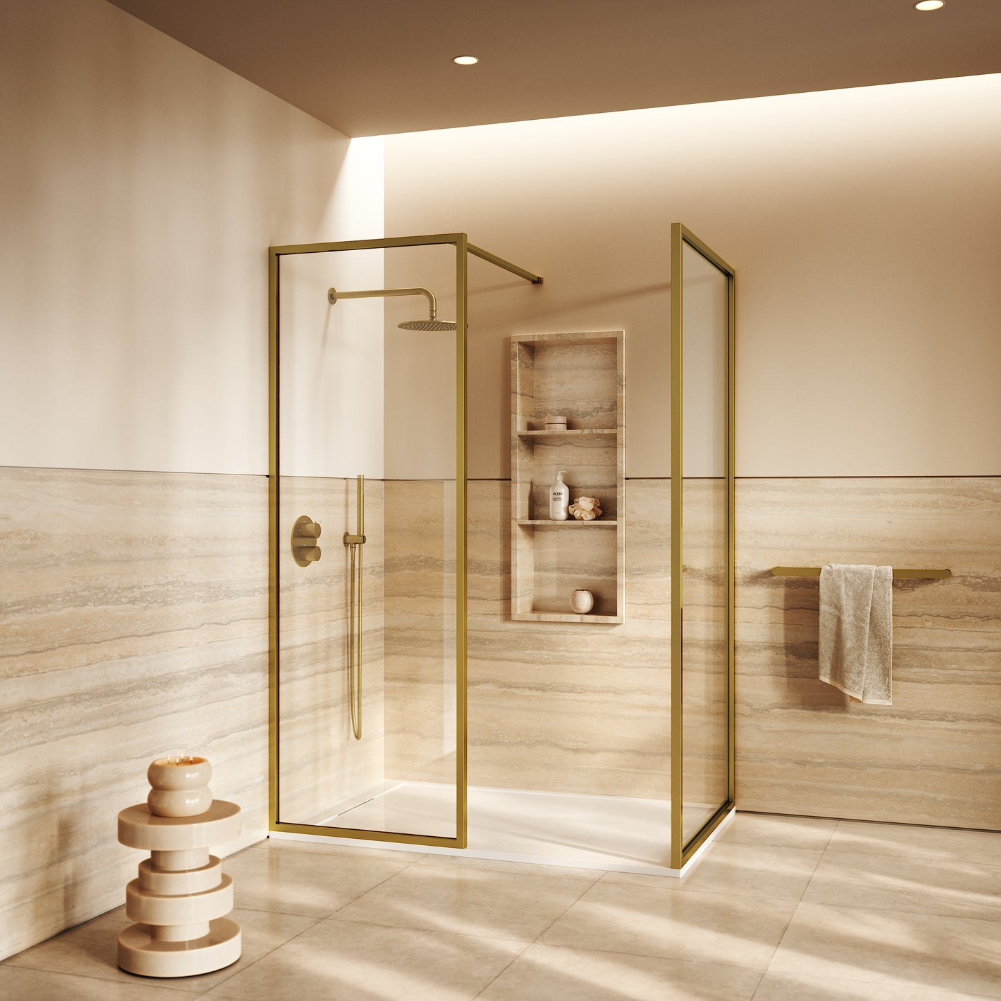 Designo Complete Walk In Shower Enclosure Brushed Gold - KIT B (ALL SIZES)