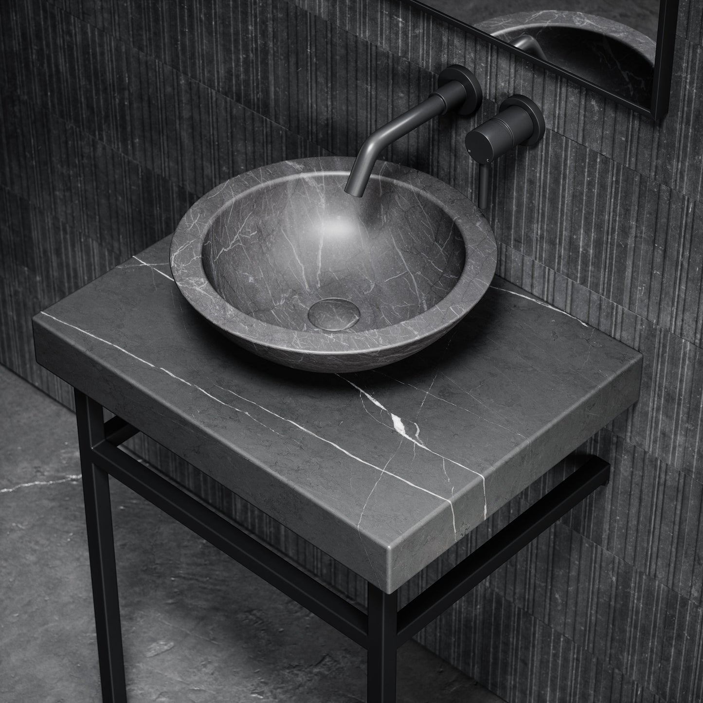 Lomazzo Pietra Grey Marble Countertop Matte Black Vanity Unit 600mm