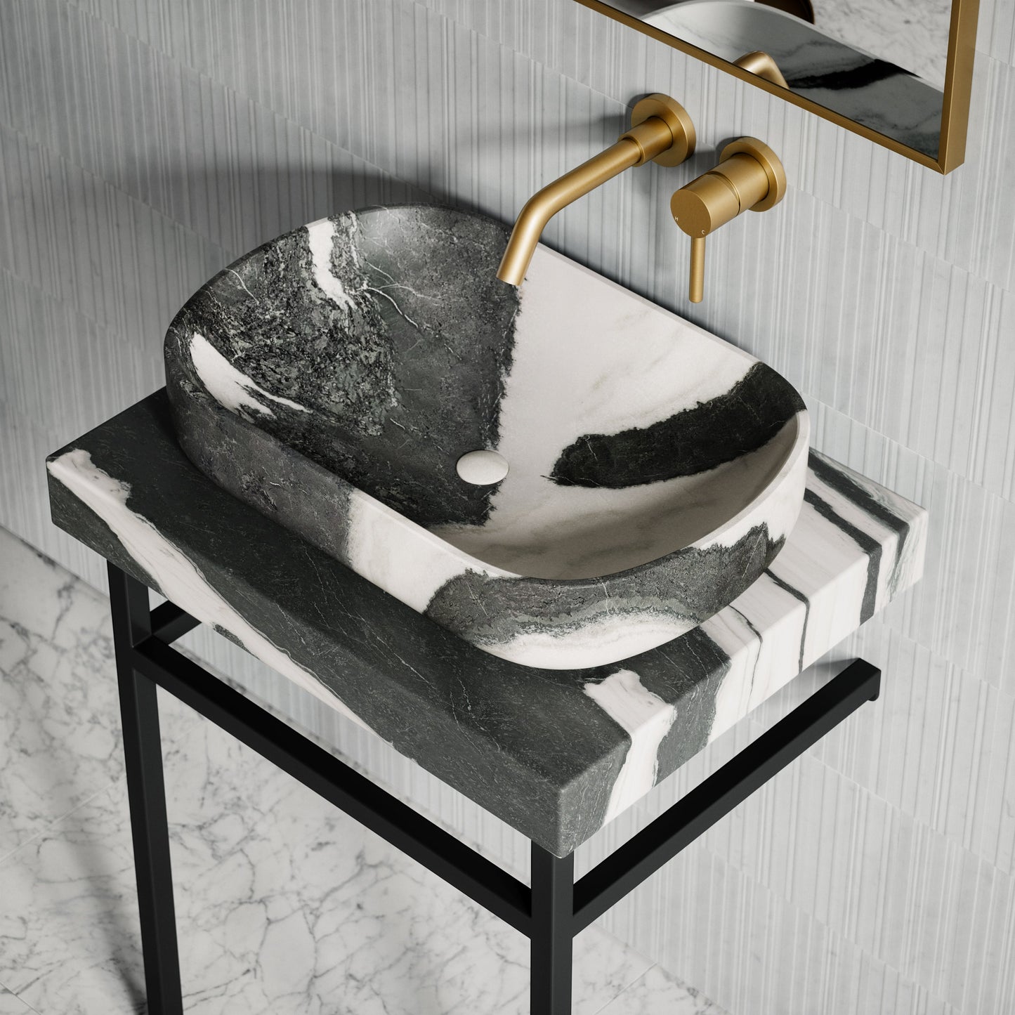 Lomazzo Panda Marble Countertop Matte Black Vanity Unit 600mm