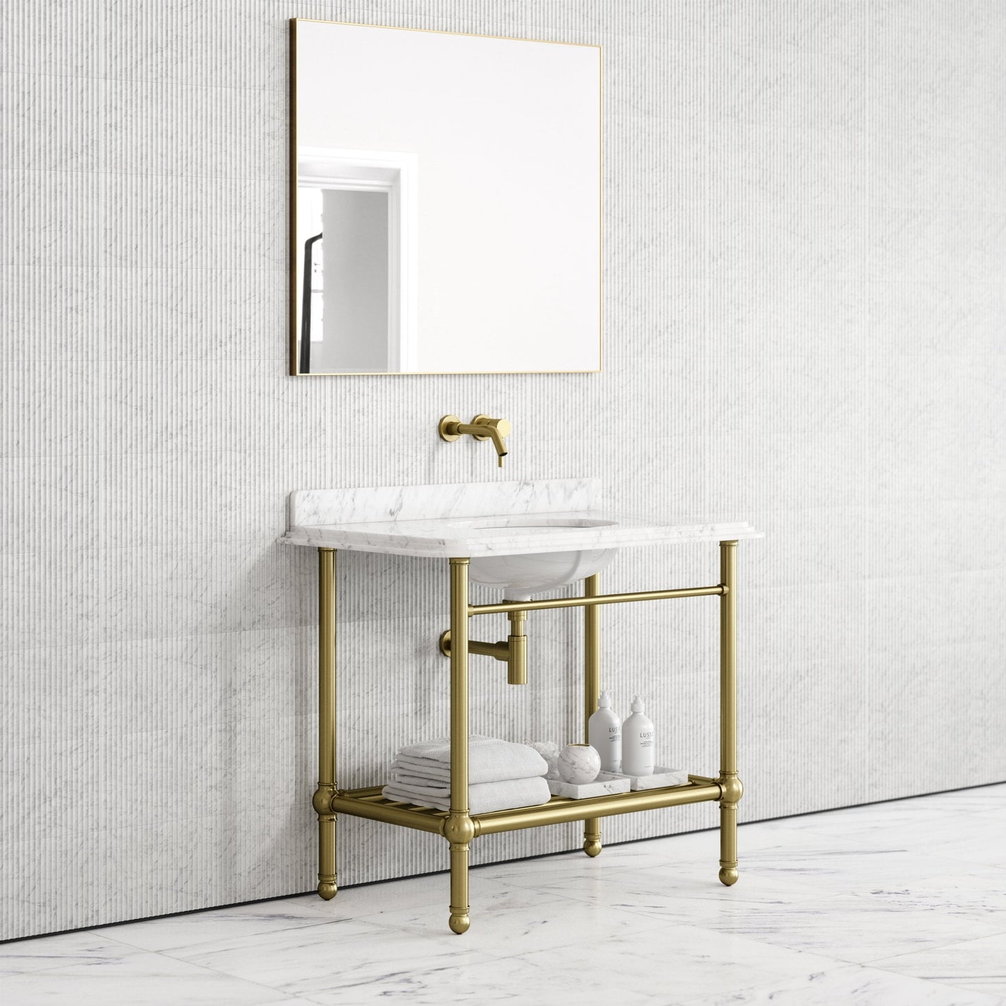 Belmont Traditional Brushed Gold Vanity Unit with Carrara Marble Countertop 1000mm