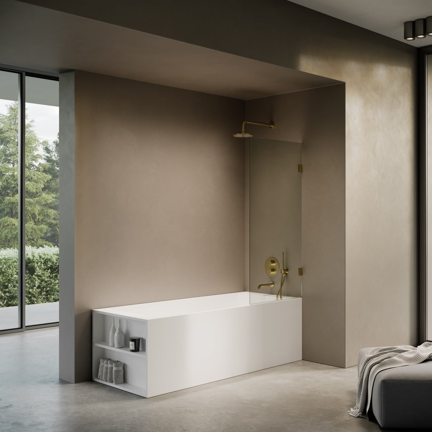 Cabina Brushed Gold Frameless Hinged Bath Shower Screen 800mm