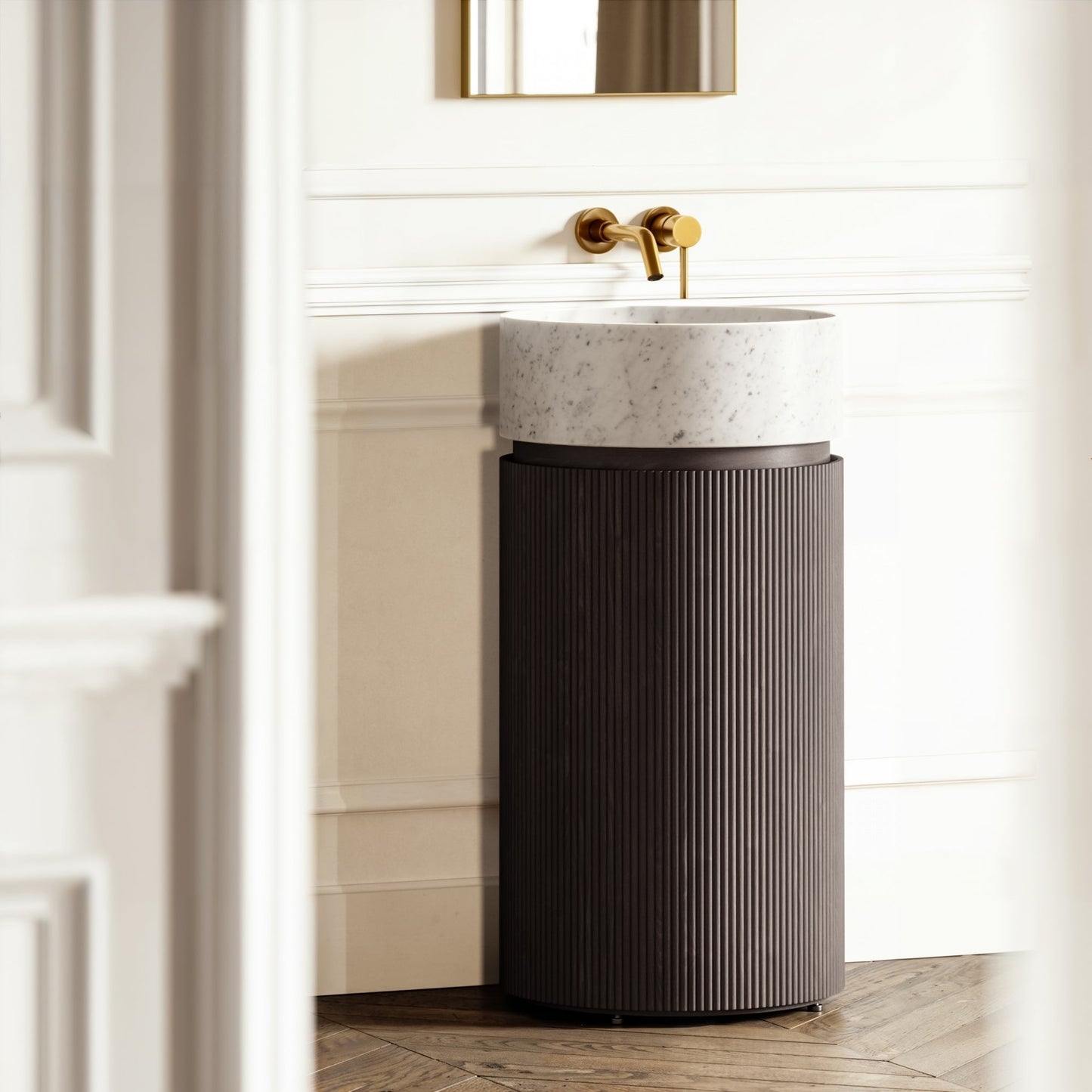 Chic Grey Oak Wood Grain Cylinder Vanity Unit 450mm