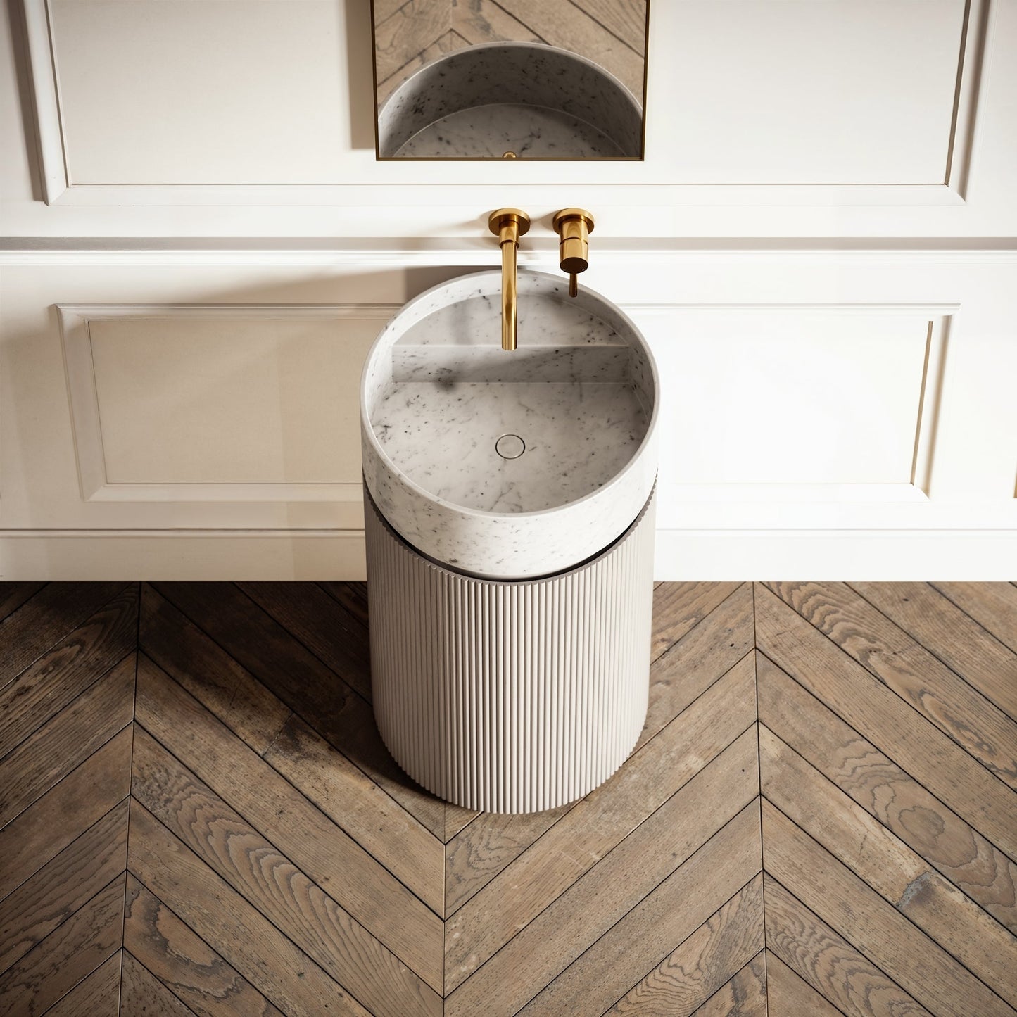 Chic Velvet Beige Wood Grain Cylinder Vanity Unit 450mm