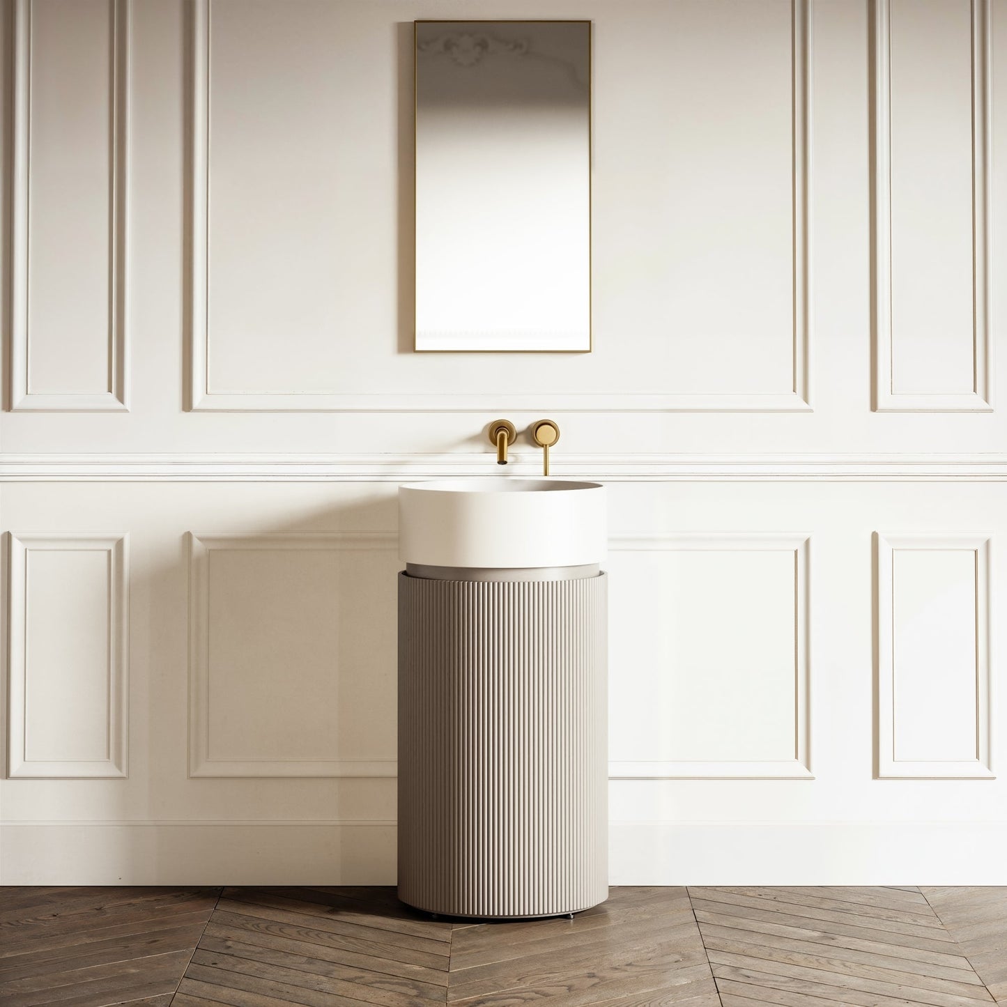 Chic Velvet Beige Wood Grain Cylinder Vanity Unit with Stone Basin 450mm