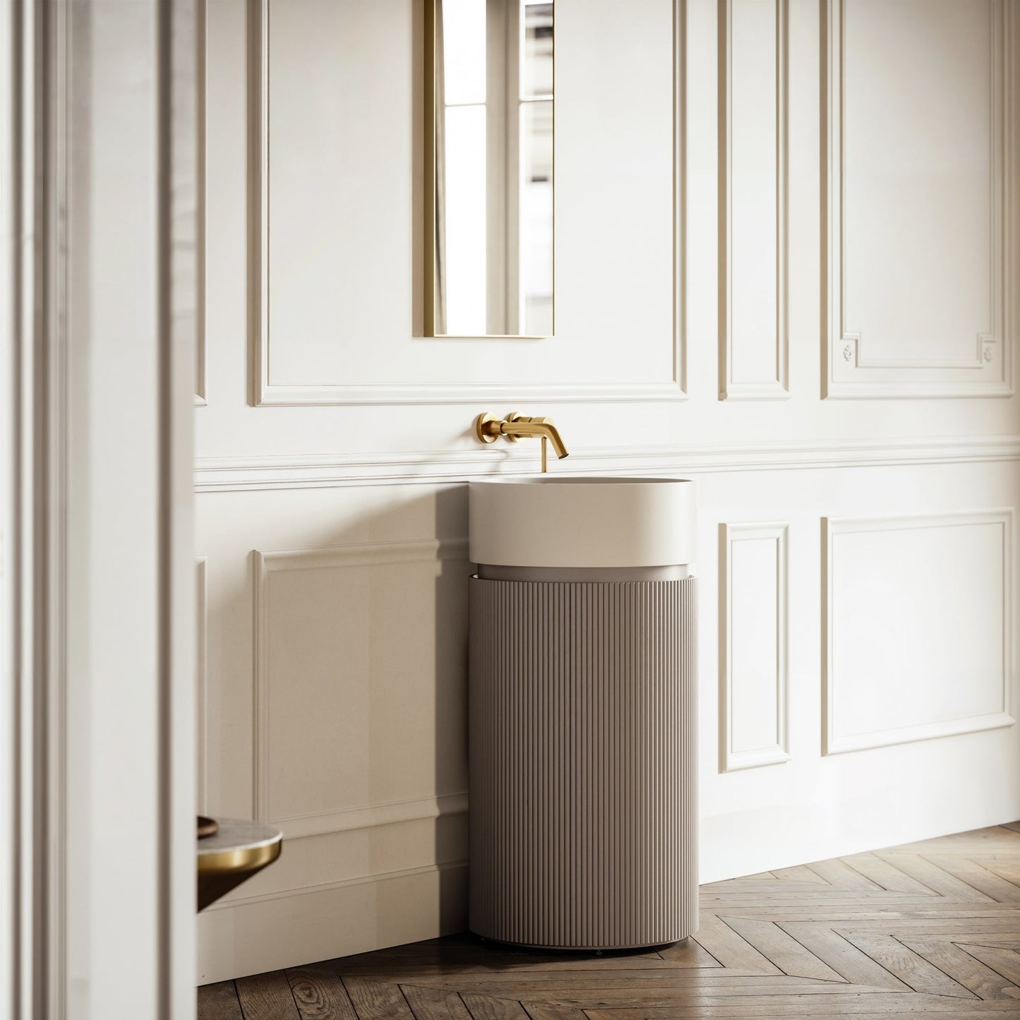 Chic Velvet Beige Wood Grain Cylinder Vanity Unit with Stone Basin 450mm