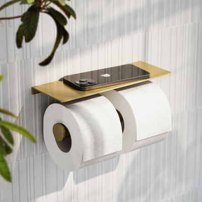 Deka Brushed Gold Double Toilet Roll Holder with Shelf