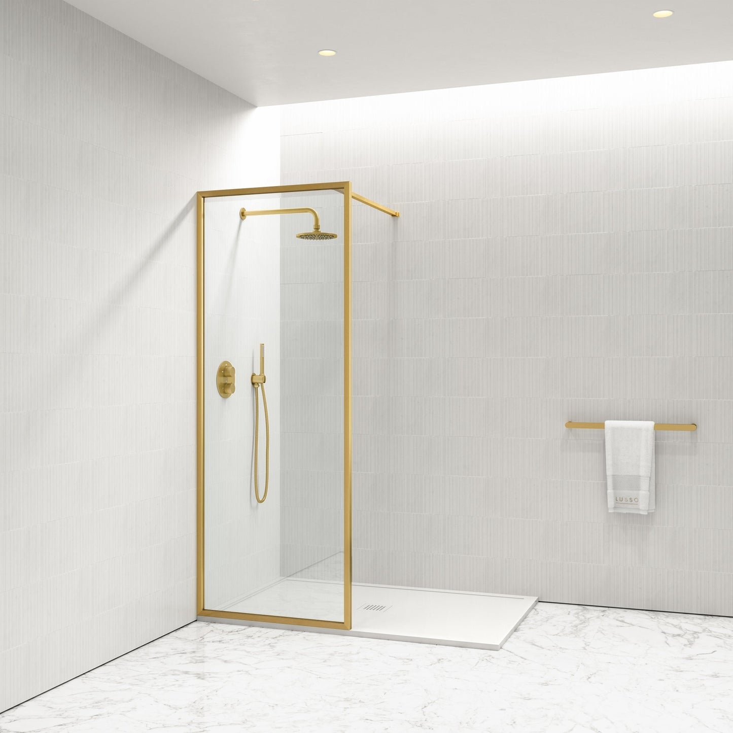 Designo Complete Walk In Shower Enclosure Brushed Gold - KIT A (ALL SIZES)